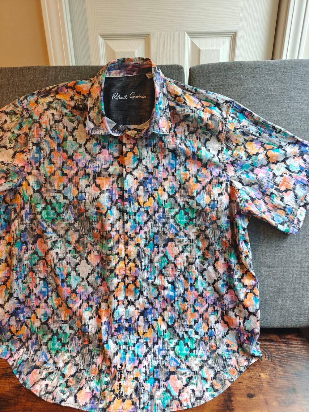 Robert Graham Short Sleeve Button Down Shirt 2XL Geometric Colorful Print